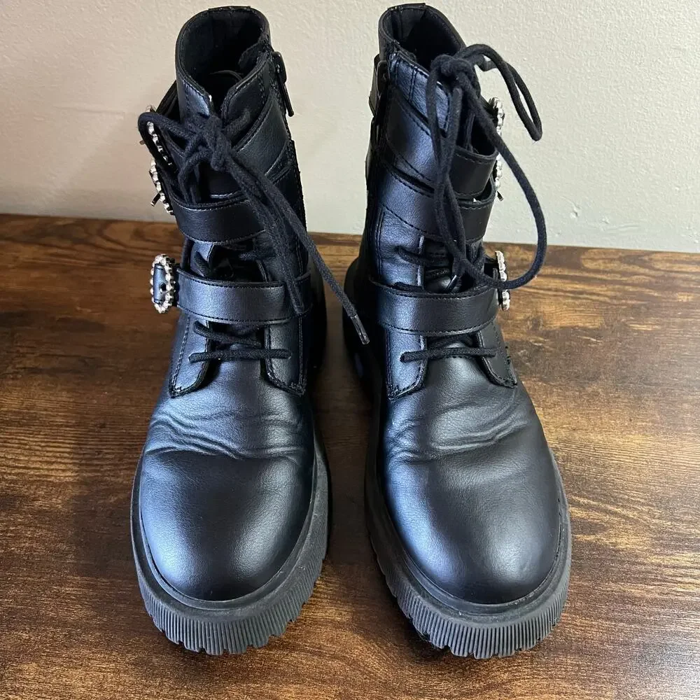 Zara Combat Boots 34 Girls 2.5 Black Faux Leather Lace Up Rhinestone Buckle Edgy